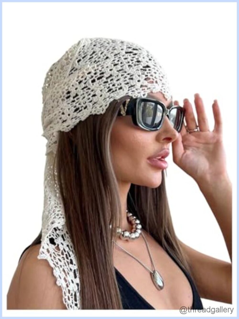 Crochet Lace Trim Knit Head Scarf Bandana Boho Hair Accessory